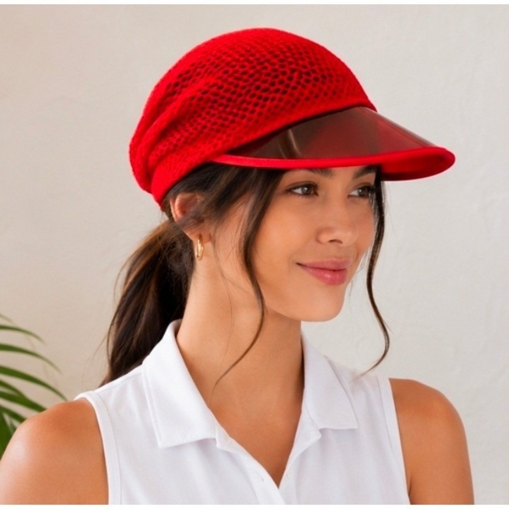 Importina‎ Vintage Red Crochet Mesh Visor Hat Retro Transparent Brim One Size